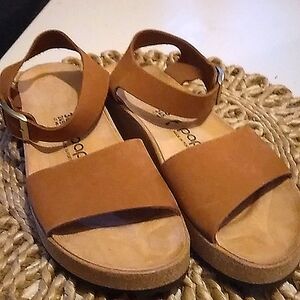 NWOT Papillio Apricot Leather "Glenda" Sandals, Size 38. Cork Wedge Heels.